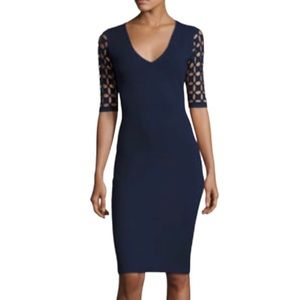 Milly  Navy Blue Lattice Sleeves Bodycon Dress V Neck Sm Knee Length Sexy